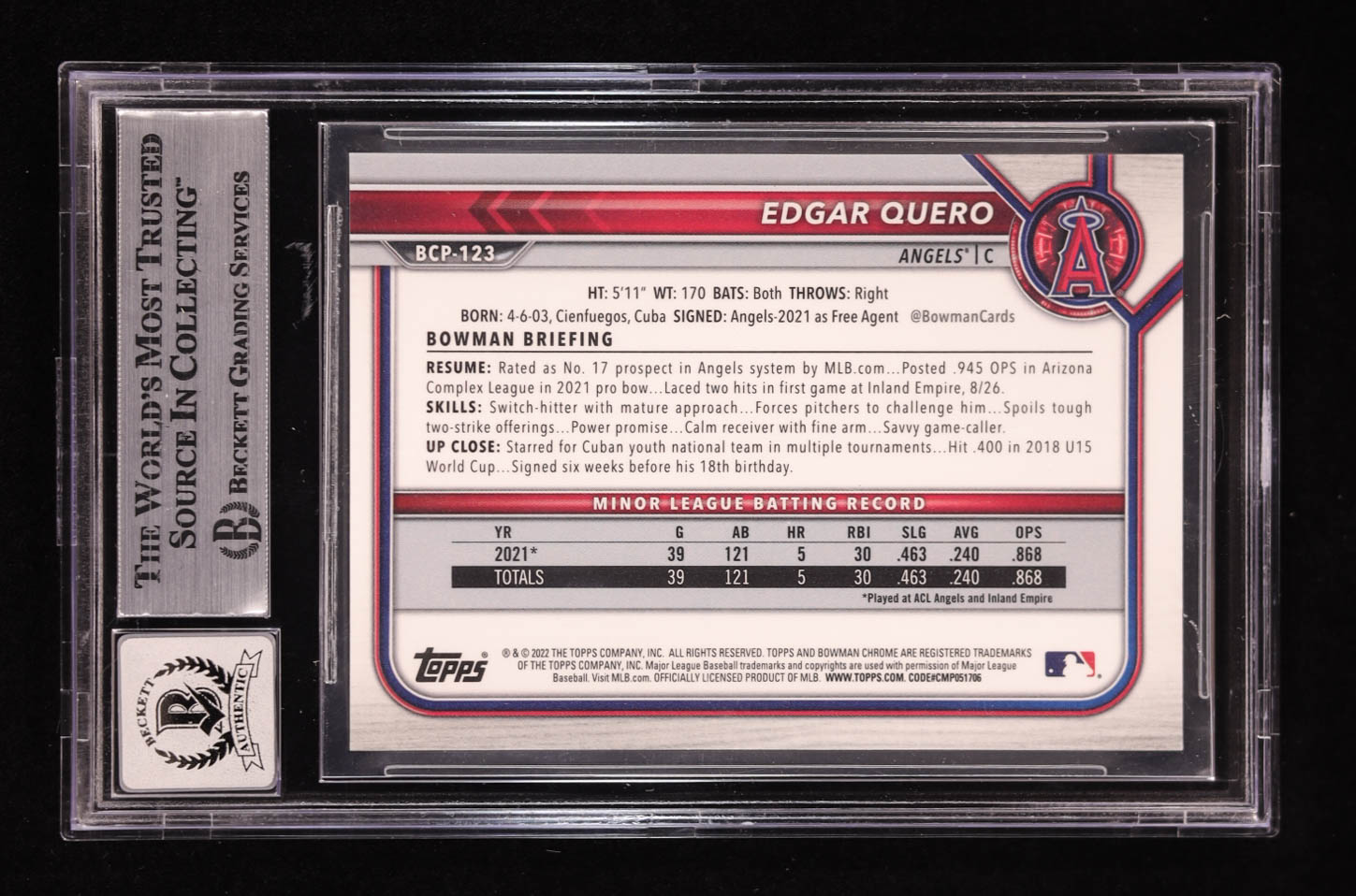 Edgar Quero Signed 2022 Bowman Chrome Prospects Green Mini-Diamond Refractors #BCP123 #12/99 RC (BGS | Auto 10) at PristineAuction.com Edgar Quero Signed 2022 Bowman Chrome Prospects Green Mini-Diamond Refractors #BCP123 #12/99 RC (BGS | Auto 10) at PristineAuction.com