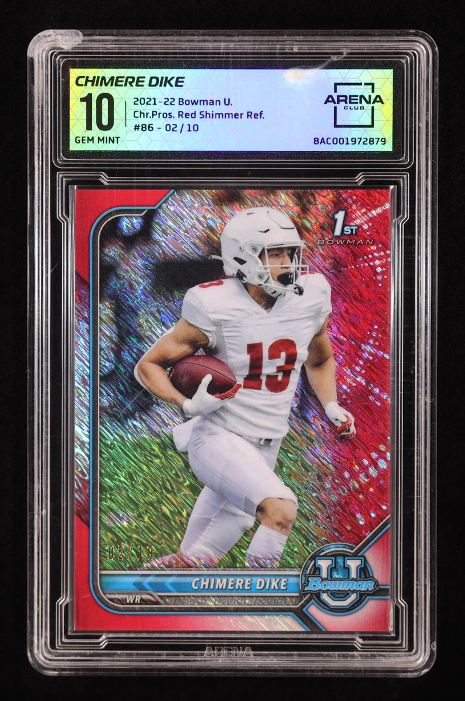 Chimere Dike 2022 Bowman University Chrome Red Shimmer Refractors #86 RC (Arena 10) at PristineAuction.com Chimere Dike 2022 Bowman University Chrome Red Shimmer Refractors #86 RC (Arena 10) at PristineAuction.com