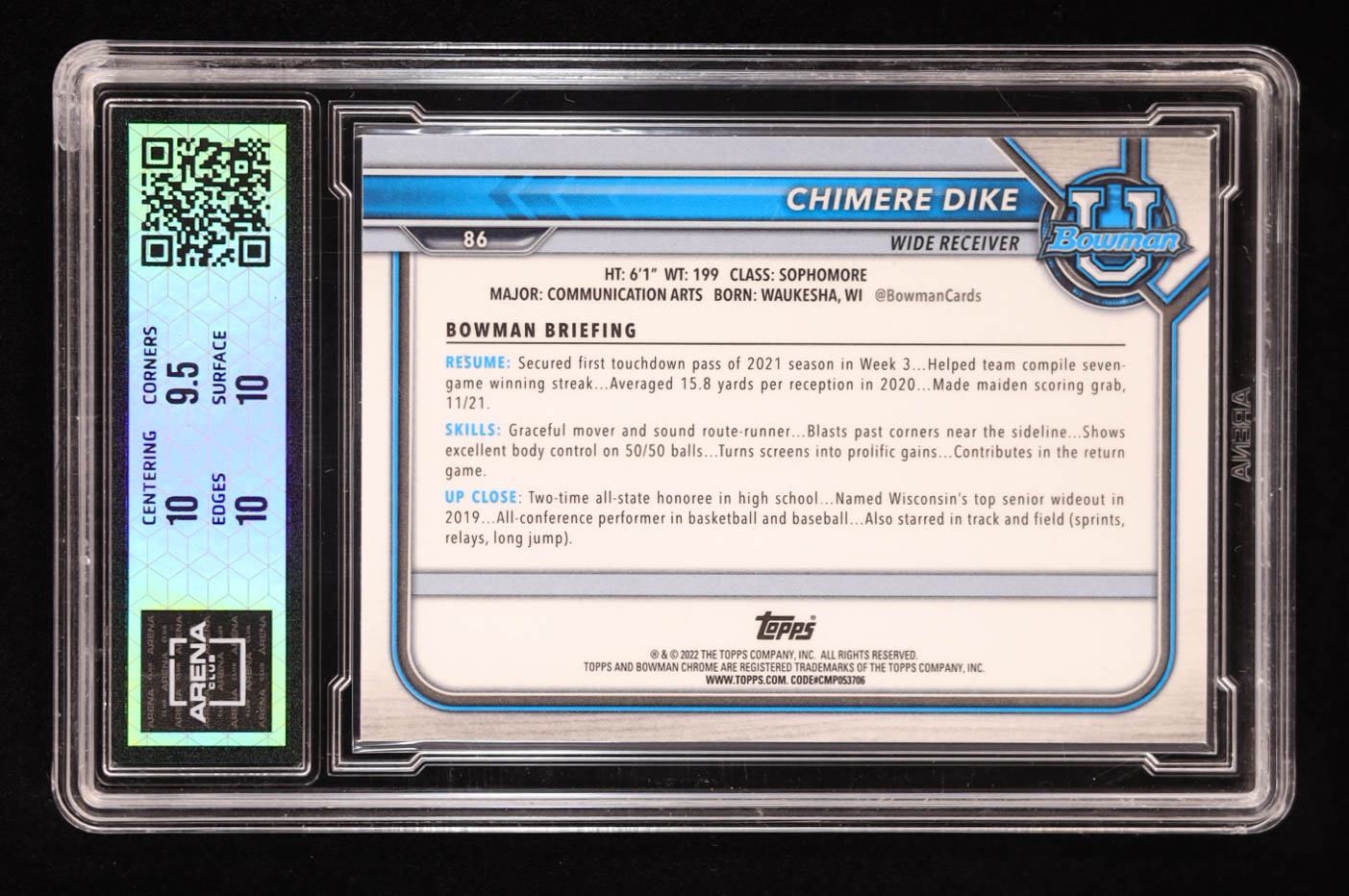 Chimere Dike 2022 Bowman University Chrome Red Shimmer Refractors #86 RC (Arena 10) at PristineAuction.com Chimere Dike 2022 Bowman University Chrome Red Shimmer Refractors #86 RC (Arena 10) at PristineAuction.com