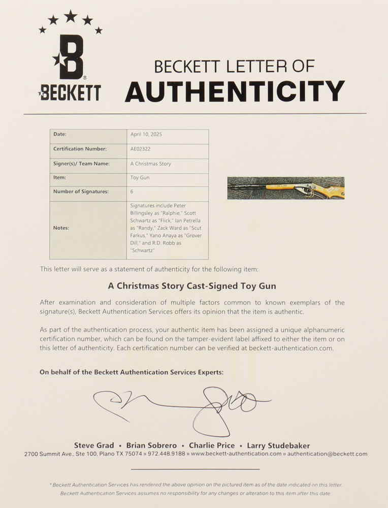 "A Christmas Story" Daisy Red Ryder BB Gun Cast-Signed by (6) with Peter Billingsley, Scott Schwartz, R.D. Robb, Ian Petrella with Character Name Inscriptions (Beckett) at PristineAuction.com "A Christmas Story" Daisy Red Ryder BB Gun Cast-Signed by (6) with Peter Billingsley, Scott Schwartz, R.D. Robb, Ian Petrella with Character Name Inscriptions (Beckett) at PristineAuction.com