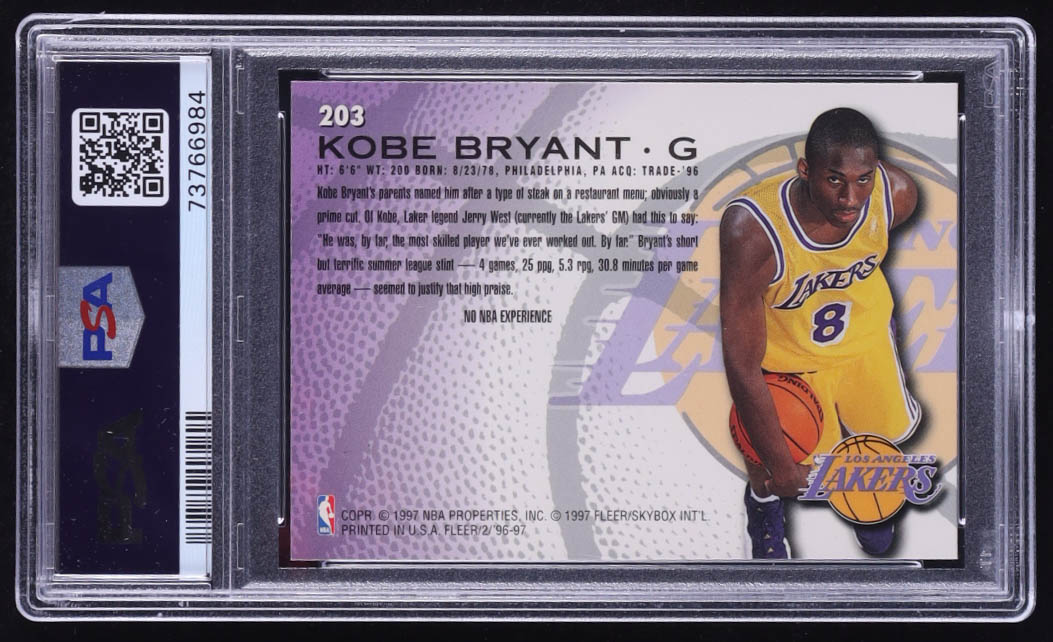 Kobe Bryant 1996-97 Fleer #203 RC (PSA 8) at PristineAuction.com Kobe Bryant 1996-97 Fleer #203 RC (PSA 8) at PristineAuction.com