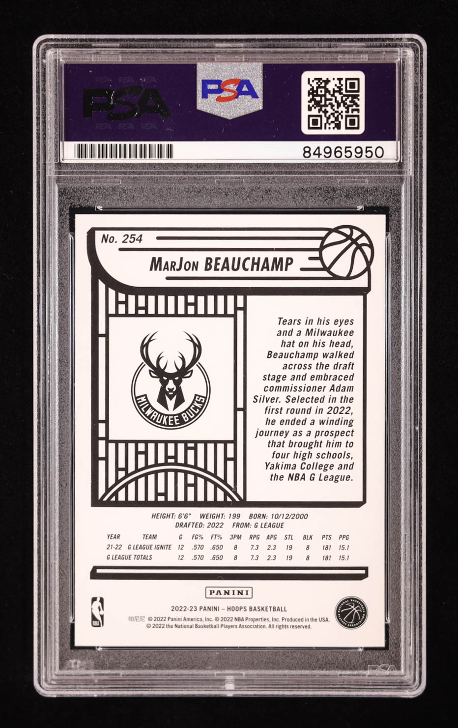 MarJon Beauchamp Signed 2022-23 Panini Hoops #254 RC (PSA) at PristineAuction.com MarJon Beauchamp Signed 2022-23 Panini Hoops #254 RC (PSA) at PristineAuction.com