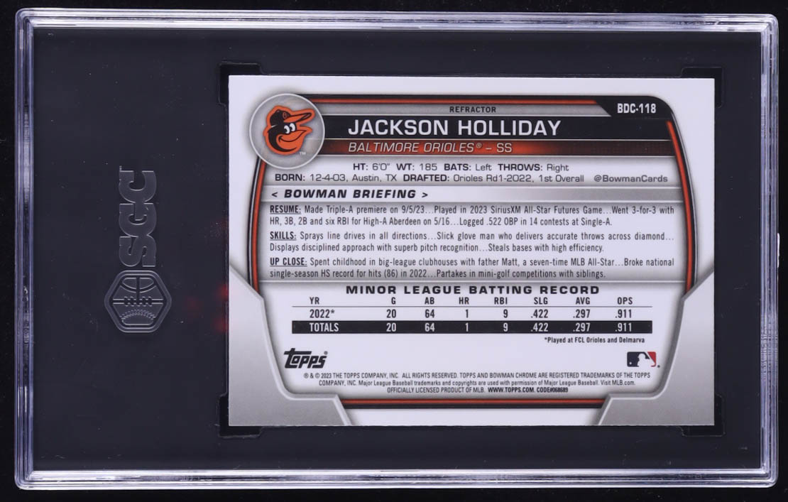 Jackson Holliday 2023 Bowman Chrome Draft Refractors #BDC118 RC (SGC 9.5) at PristineAuction.com Jackson Holliday 2023 Bowman Chrome Draft Refractors #BDC118 RC (SGC 9.5) at PristineAuction.com