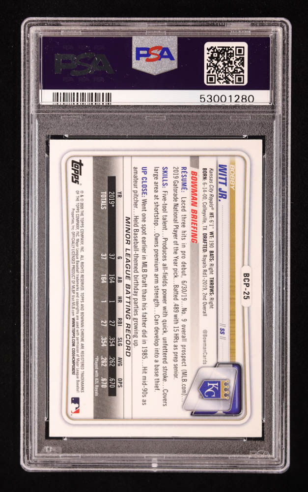 Bobby Witt Jr. Signed 2020 Bowman Chrome Prospects #BCP25 RC (PSA 9 | Autograph Graded 10) at PristineAuction.com Bobby Witt Jr. Signed 2020 Bowman Chrome Prospects #BCP25 RC (PSA 9 | Autograph Graded 10) at PristineAuction.com