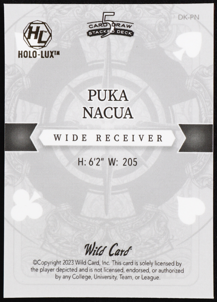 Puka Nacua 2023 Wild Card 5 Card Draw Stacked Deck Queen of Diamonds Pink Sparkle Holo Lux RC #DKPN #1/1 at PristineAuction.com Puka Nacua 2023 Wild Card 5 Card Draw Stacked Deck Queen of Diamonds Pink Sparkle Holo Lux RC #DKPN #1/1 at PristineAuction.com