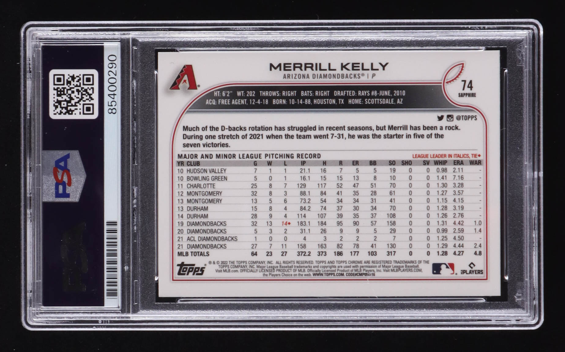 Merrill Kelly Signed 2022 Topps Chrome Sapphire #74 (PSA) at PristineAuction.com Merrill Kelly Signed 2022 Topps Chrome Sapphire #74 (PSA) at PristineAuction.com