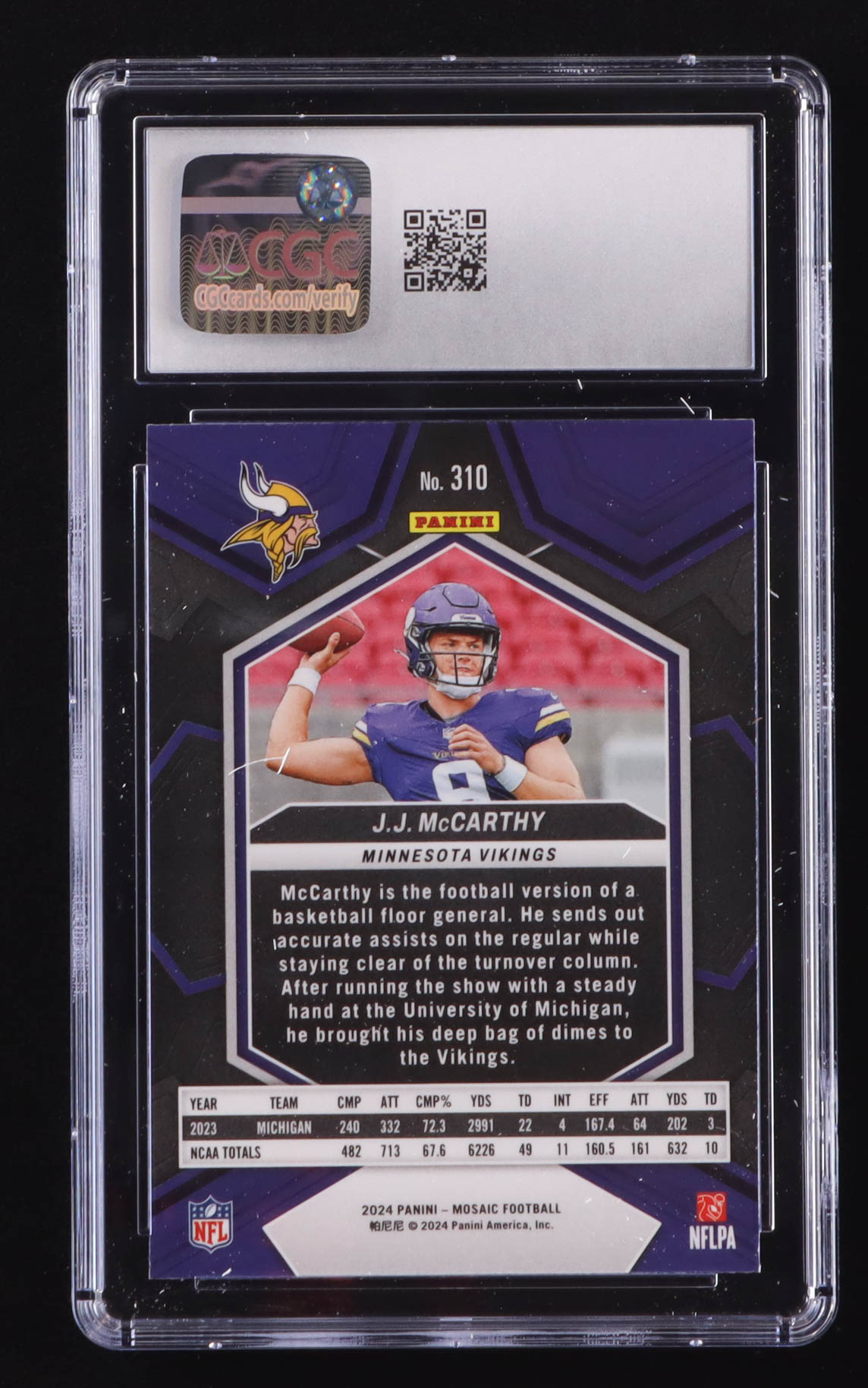 J.J. McCarthy 2024 Panini Mosaic #310 RC (CGC 10) at PristineAuction.com J.J. McCarthy 2024 Panini Mosaic #310 RC (CGC 10) at PristineAuction.com