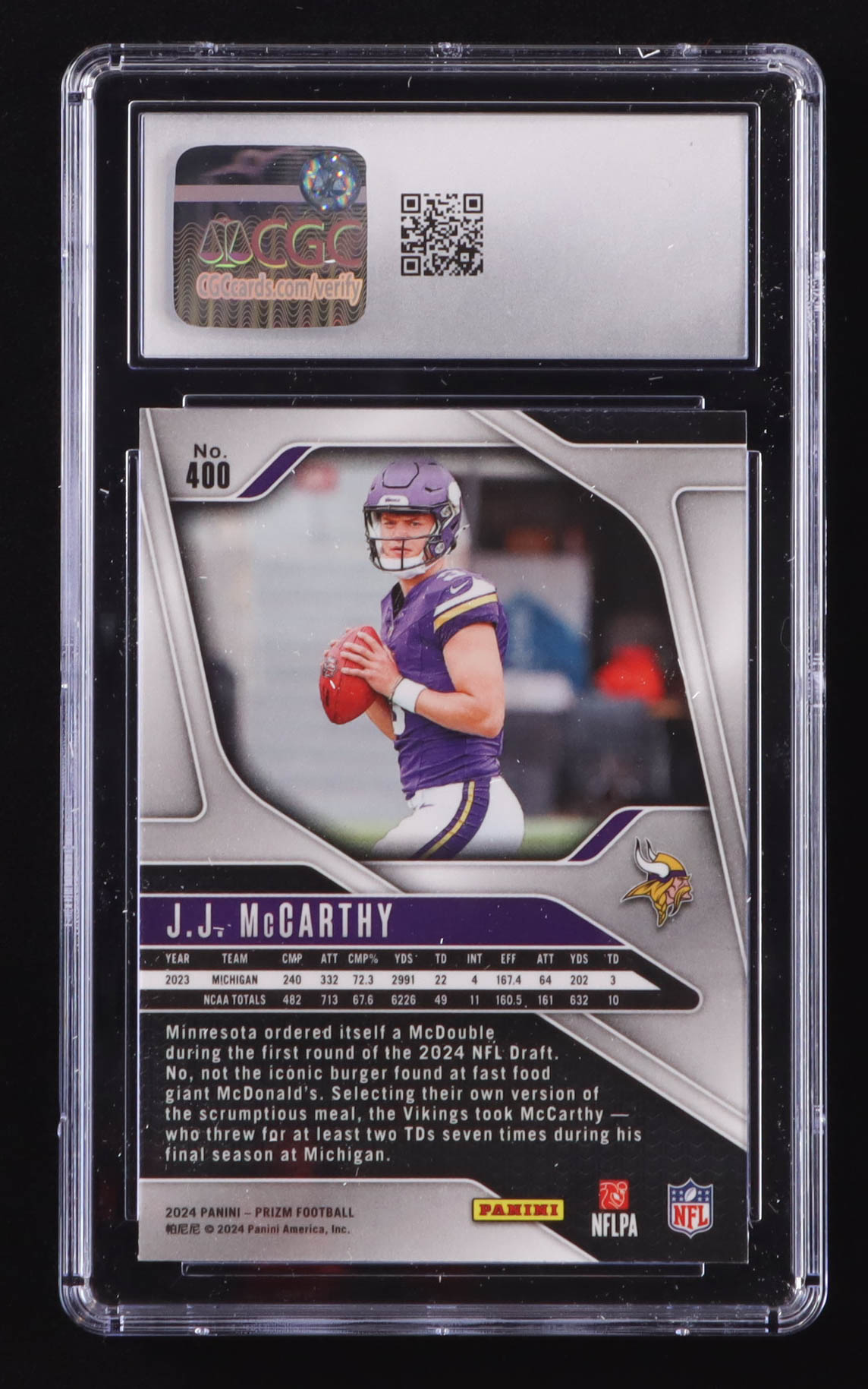 J.J. McCarthy 2024 Panini Prizm #400 RC (CGC 10) at PristineAuction.com J.J. McCarthy 2024 Panini Prizm #400 RC (CGC 10) at PristineAuction.com