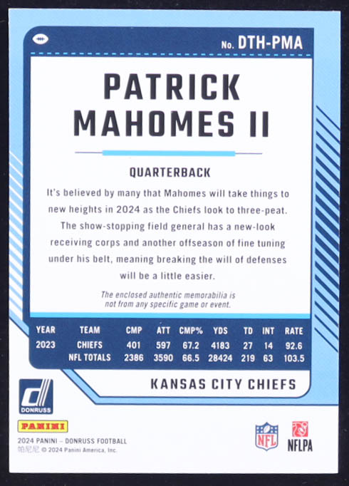 Patrick Mahomes II 2024 Donruss Threads #DTHPMA at PristineAuction.com Patrick Mahomes II 2024 Donruss Threads #DTHPMA at PristineAuction.com