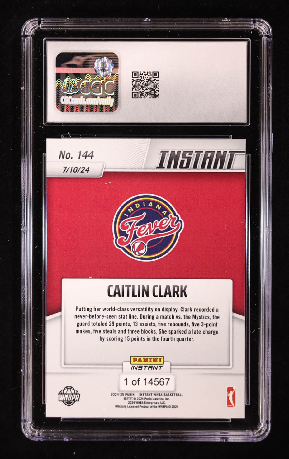Caitlin Clark 2024 Panini Instant WNBA #144 RC (CGC 10) at PristineAuction.com Caitlin Clark 2024 Panini Instant WNBA #144 RC (CGC 10) at PristineAuction.com