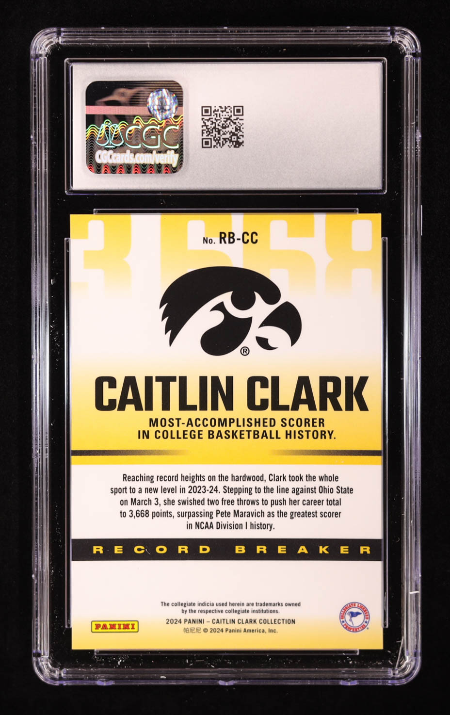 Caitlin Clark 2024 Panini Caitlin Clark Collection Record Breaker #RBCC RC (CGC 10) at PristineAuction.com Caitlin Clark 2024 Panini Caitlin Clark Collection Record Breaker #RBCC RC (CGC 10) at PristineAuction.com