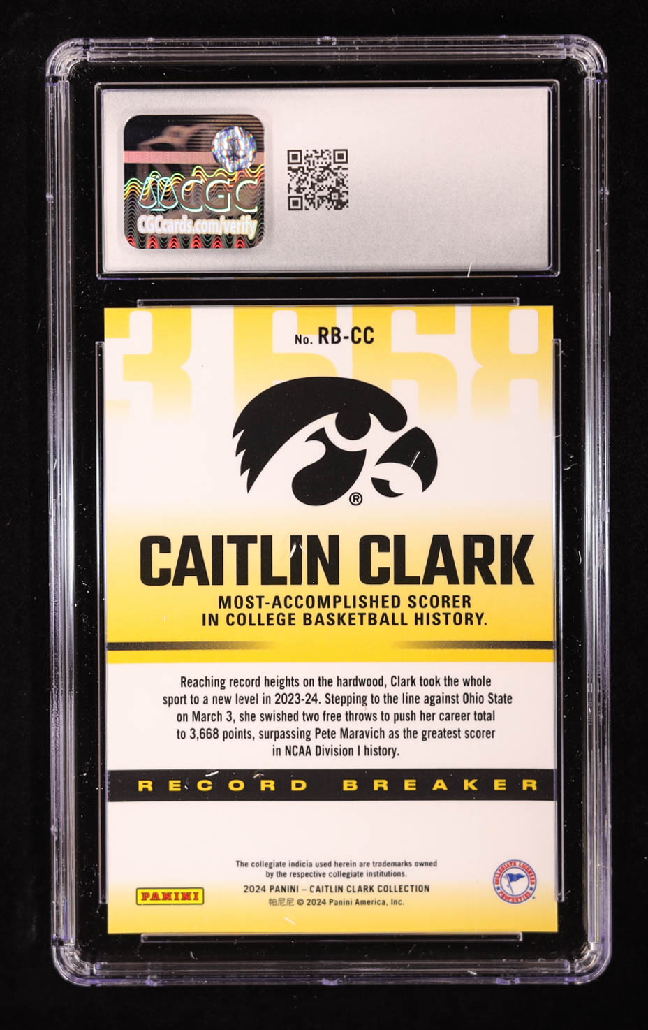 Caitlin Clark 2024 Panini Caitlin Clark Collection Record Breaker #RBCC RC (CGC 10) at PristineAuction.com Caitlin Clark 2024 Panini Caitlin Clark Collection Record Breaker #RBCC RC (CGC 10) at PristineAuction.com