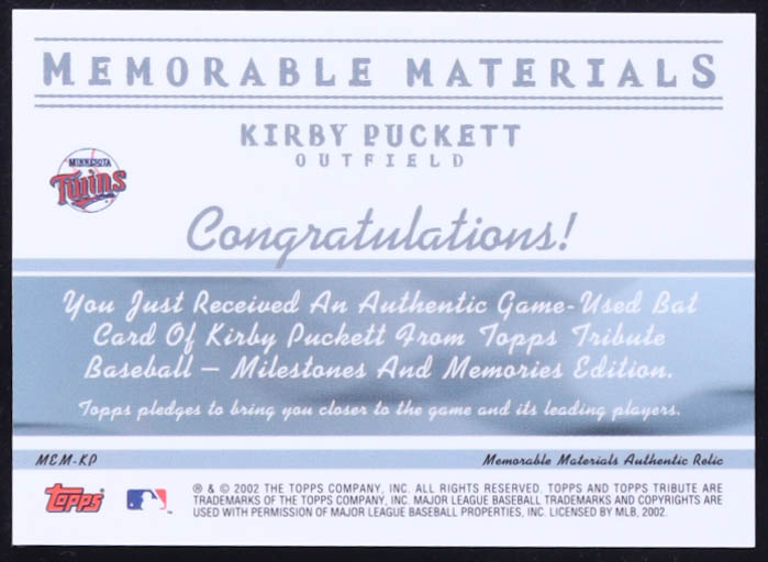 Kirby Puckett 2002 Topps Tribute Memorable Materials Bat #KP at PristineAuction.com Kirby Puckett 2002 Topps Tribute Memorable Materials Bat #KP at PristineAuction.com