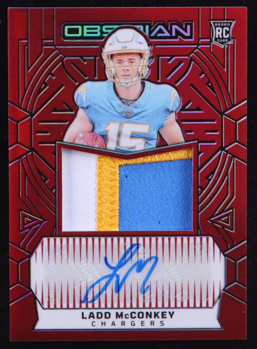 Ladd McConkey 2024 Panini Obsidian Rookie Jumbo Jersey Autographs Red #210 #22/75 RC at PristineAuction.com Ladd McConkey 2024 Panini Obsidian Rookie Jumbo Jersey Autographs Red #210 #22/75 RC at PristineAuction.com