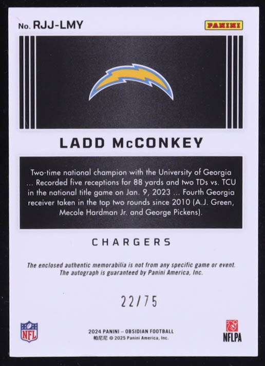 Ladd McConkey 2024 Panini Obsidian Rookie Jumbo Jersey Autographs Red #210 #22/75 RC at PristineAuction.com Ladd McConkey 2024 Panini Obsidian Rookie Jumbo Jersey Autographs Red #210 #22/75 RC at PristineAuction.com