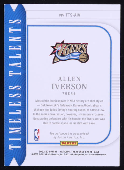 Allen Iverson 2022-23 Panini National Treasures Timeless Talents Signatures #24 #39/49 at PristineAuction.com Allen Iverson 2022-23 Panini National Treasures Timeless Talents Signatures #24 #39/49 at PristineAuction.com
