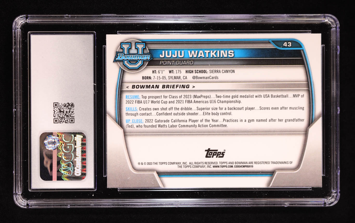 JuJu Watkins 2022-23 Bowman Chrome University #43 RC (CGC 10) at PristineAuction.com JuJu Watkins 2022-23 Bowman Chrome University #43 RC (CGC 10) at PristineAuction.com