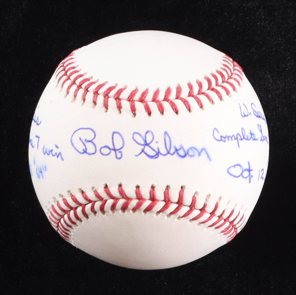 Bob Gibson Signed OML Baseball with World Series Complete-Game Win Inscriptions (PSA) at PristineAuction.com Bob Gibson Signed OML Baseball with World Series Complete-Game Win Inscriptions (PSA) at PristineAuction.com