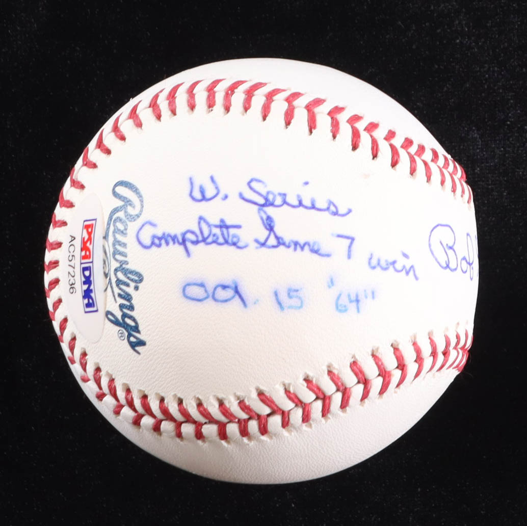 Bob Gibson Signed OML Baseball with World Series Complete-Game Win Inscriptions (PSA) at PristineAuction.com Bob Gibson Signed OML Baseball with World Series Complete-Game Win Inscriptions (PSA) at PristineAuction.com