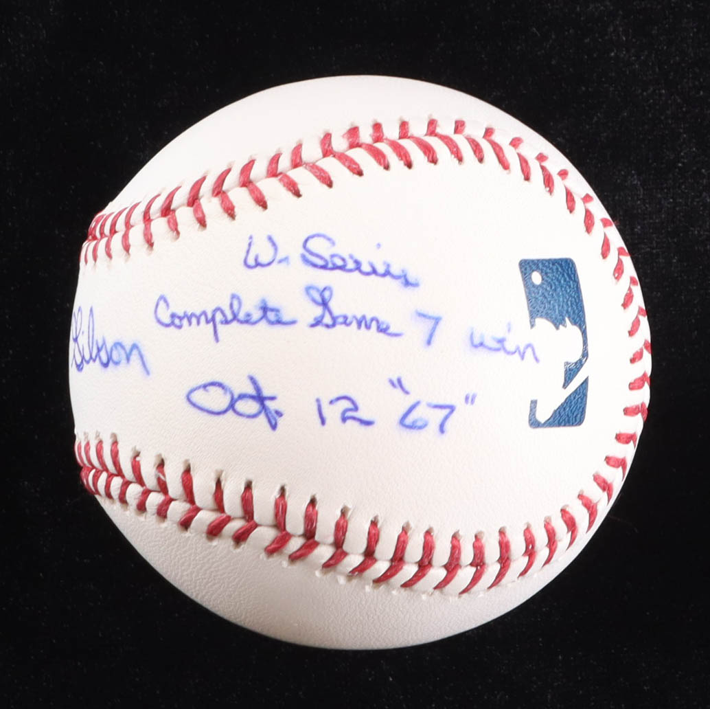Bob Gibson Signed OML Baseball with World Series Complete-Game Win Inscriptions (PSA) at PristineAuction.com Bob Gibson Signed OML Baseball with World Series Complete-Game Win Inscriptions (PSA) at PristineAuction.com