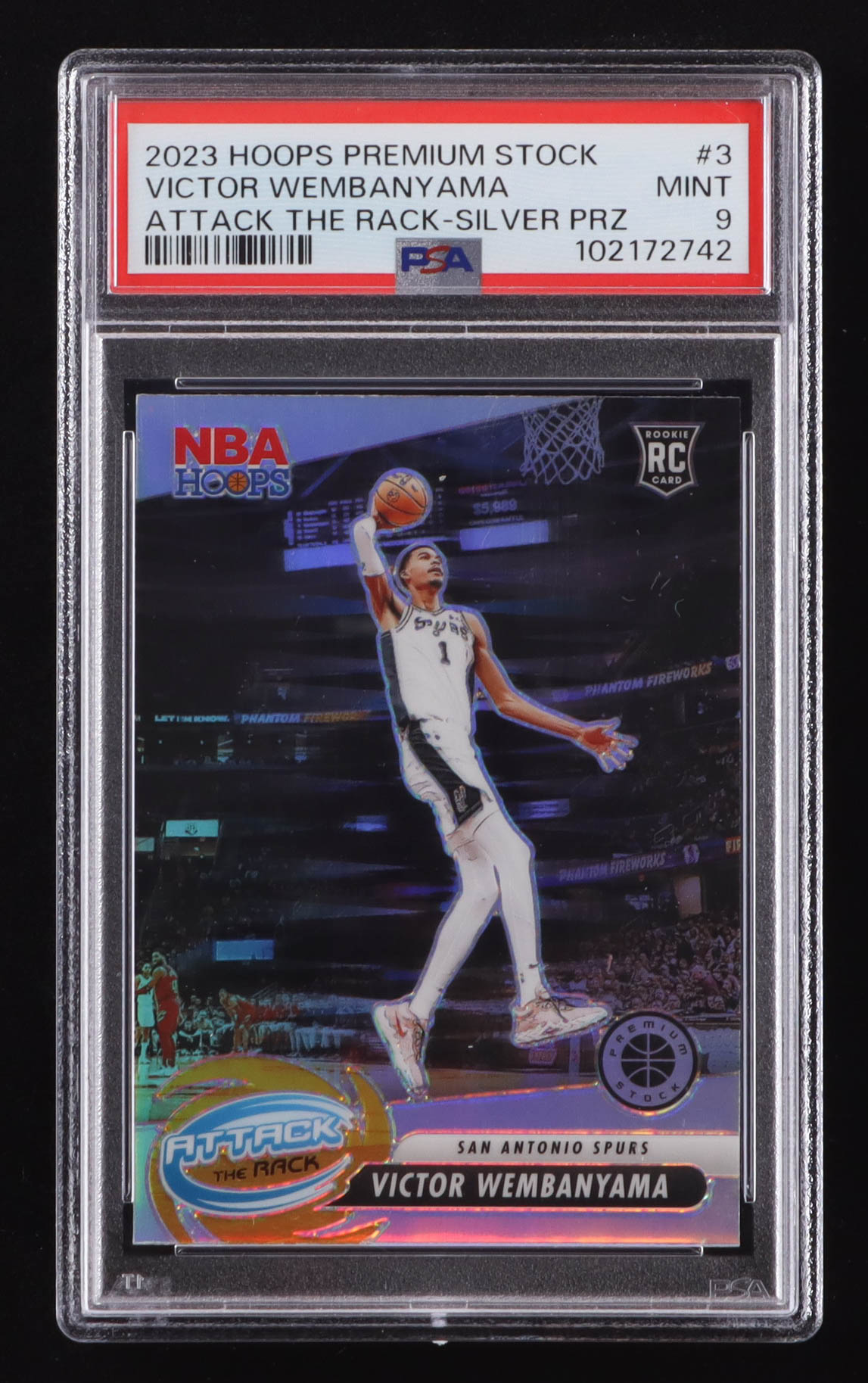 Victor Wembanyama 2023 Hoops Premium Stock Attack the Rack Silver Prizm #3 RC (PSA 9) at PristineAuction.com Victor Wembanyama 2023 Hoops Premium Stock Attack the Rack Silver Prizm #3 RC (PSA 9) at PristineAuction.com