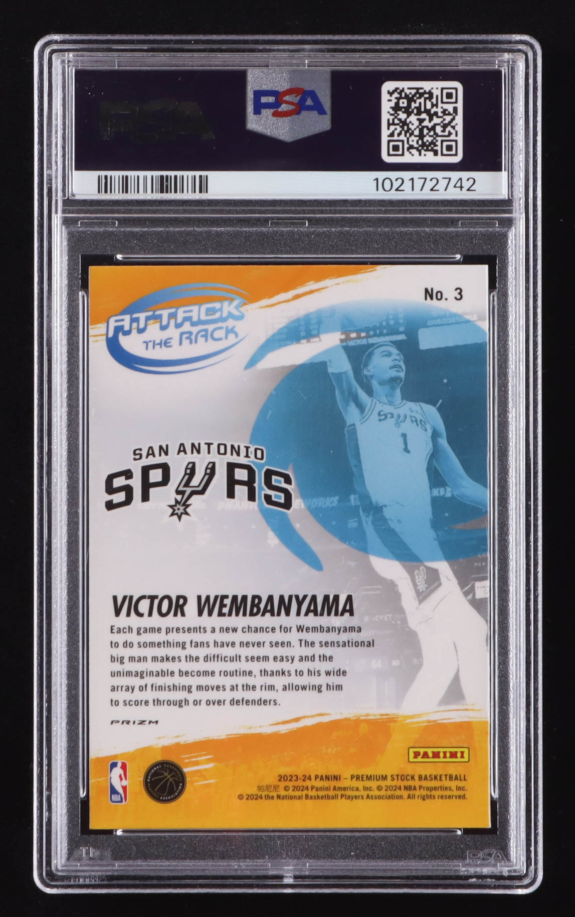 Victor Wembanyama 2023 Hoops Premium Stock Attack the Rack Silver Prizm #3 RC (PSA 9) at PristineAuction.com Victor Wembanyama 2023 Hoops Premium Stock Attack the Rack Silver Prizm #3 RC (PSA 9) at PristineAuction.com