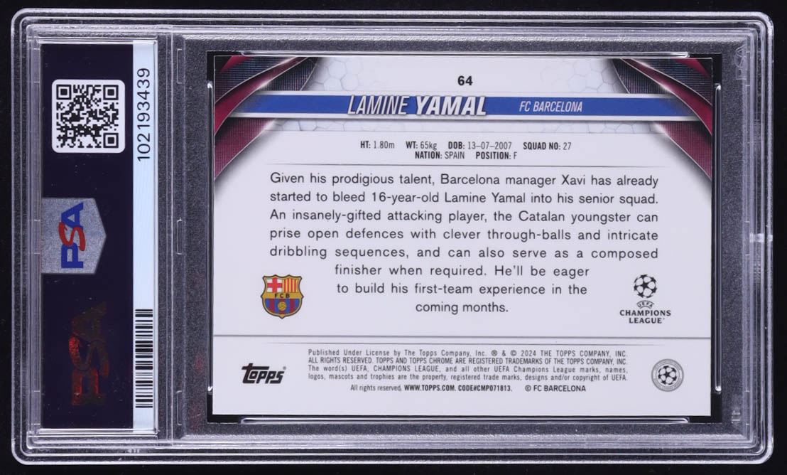 Lamine Yamal 2023-24 Topps Chrome UEFA Club Competitions #64 RC (PSA 10) at PristineAuction.com Lamine Yamal 2023-24 Topps Chrome UEFA Club Competitions #64 RC (PSA 10) at PristineAuction.com