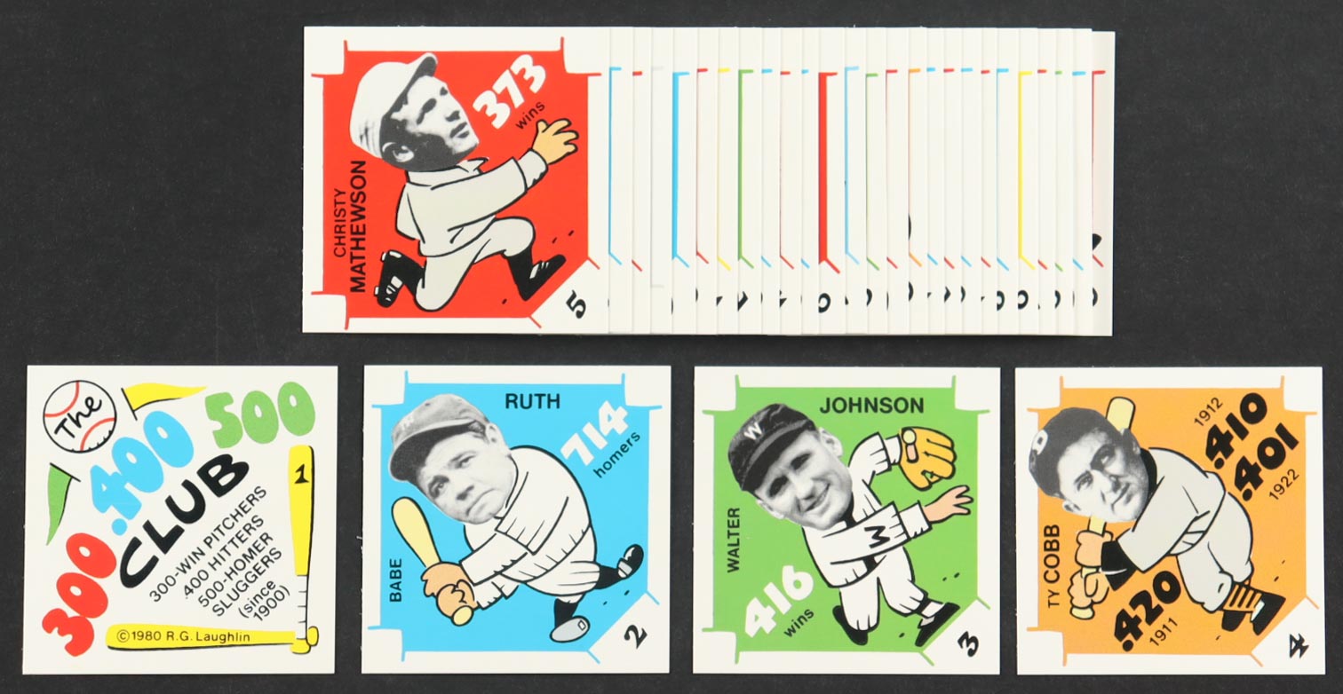 1980 R.G. Laughlin 300-400-500 Club Complete Set of (30) Cards with Title #1, Babe Ruth #2, Walter Johnson #3, Ty Cobb #4 at PristineAuction.com 1980 R.G. Laughlin 300-400-500 Club Complete Set of (30) Cards with Title #1, Babe Ruth #2, Walter Johnson #3, Ty Cobb #4 at PristineAuction.com