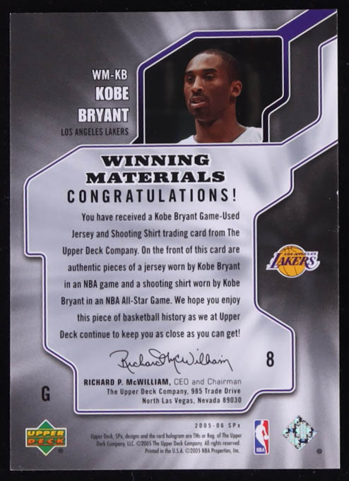 Kobe Bryant 2005-06 SPx Winning Materials #KB at PristineAuction.com Kobe Bryant 2005-06 SPx Winning Materials #KB at PristineAuction.com