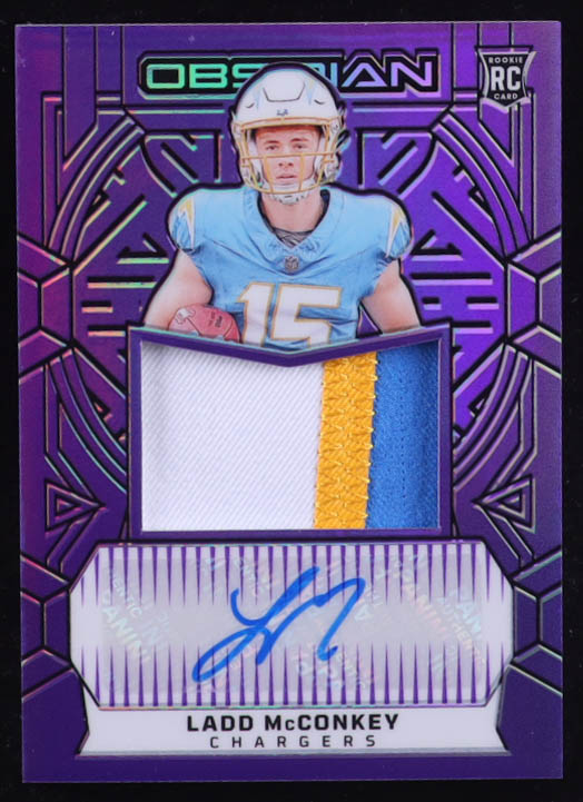 Ladd McConkey 2024 Panini Obsidian Rookie Jumbo Jersey Autographs Purple #210 Jersey Autograph #29/49 RC at PristineAuction.com Ladd McConkey 2024 Panini Obsidian Rookie Jumbo Jersey Autographs Purple #210 Jersey Autograph #29/49 RC at PristineAuction.com