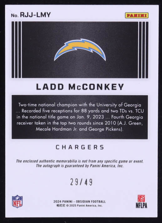 Ladd McConkey 2024 Panini Obsidian Rookie Jumbo Jersey Autographs Purple #210 Jersey Autograph #29/49 RC at PristineAuction.com Ladd McConkey 2024 Panini Obsidian Rookie Jumbo Jersey Autographs Purple #210 Jersey Autograph #29/49 RC at PristineAuction.com