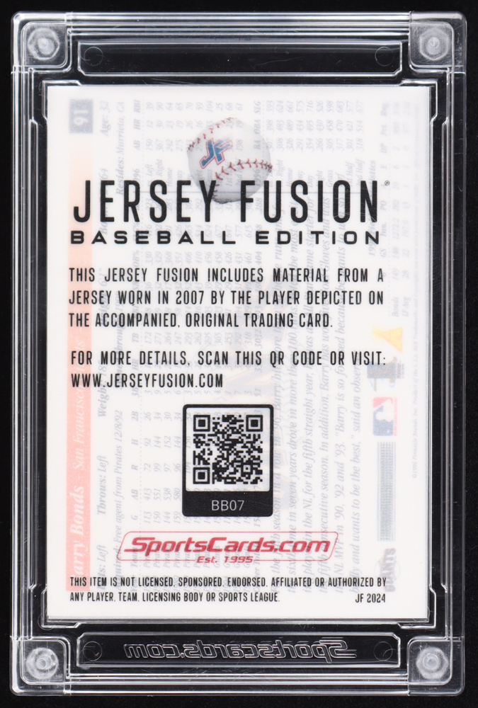 Barry Bonds 2024 Jersey Fusion Game Used Swatch #NN at PristineAuction.com Barry Bonds 2024 Jersey Fusion Game Used Swatch #NN at PristineAuction.com