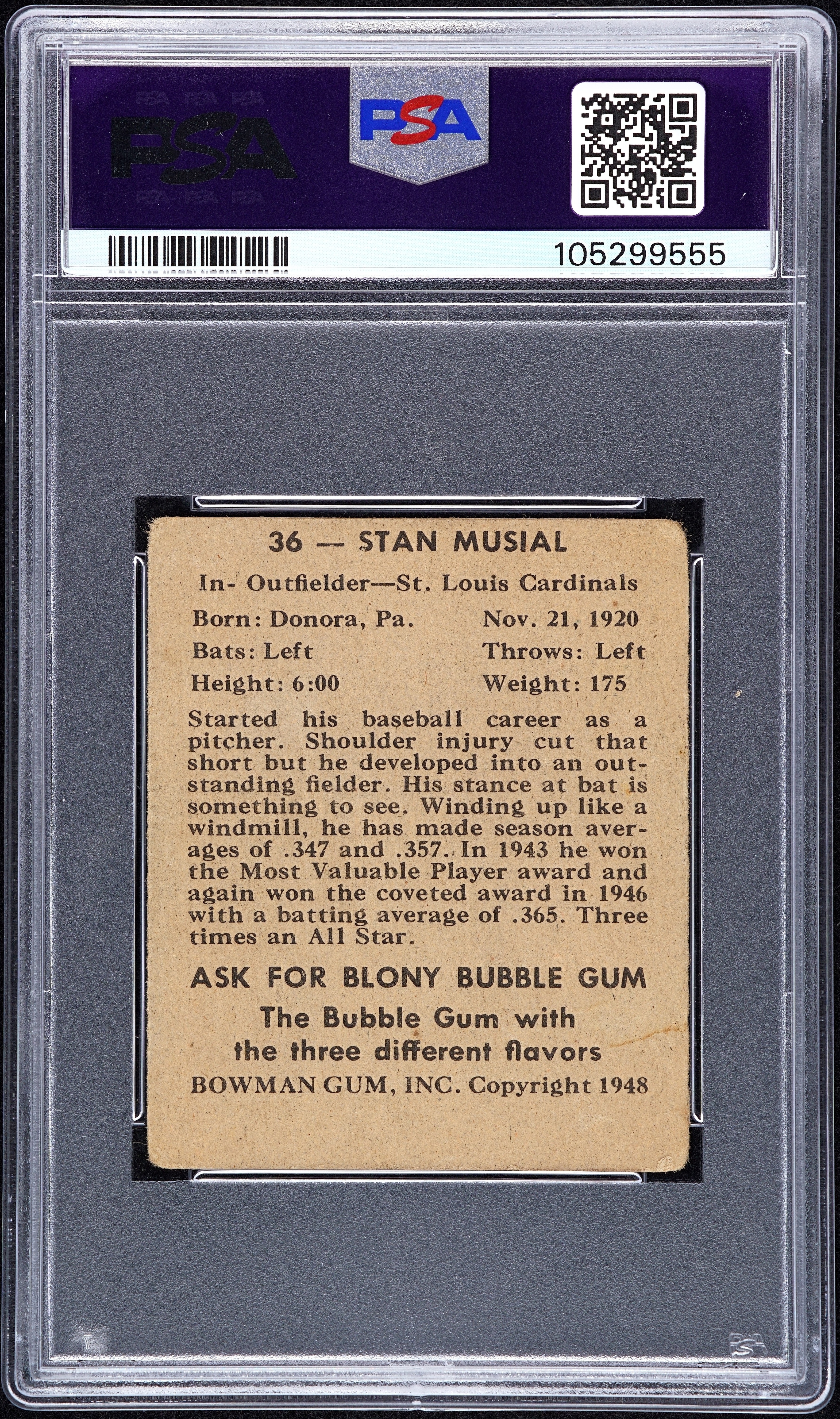 Stan Musial 1948 Bowman #36 RC (PSA 2) (MC) at PristineAuction.com Stan Musial 1948 Bowman #36 RC (PSA 2) (MC) at PristineAuction.com