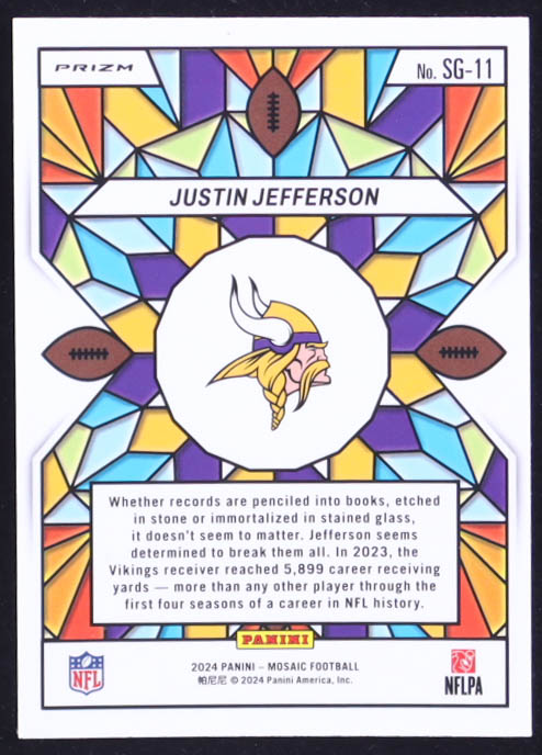 Justin Jefferson 2024 Panini Mosaic Stained Glass Prizm #SG-11 at PristineAuction.com Justin Jefferson 2024 Panini Mosaic Stained Glass Prizm #SG-11 at PristineAuction.com