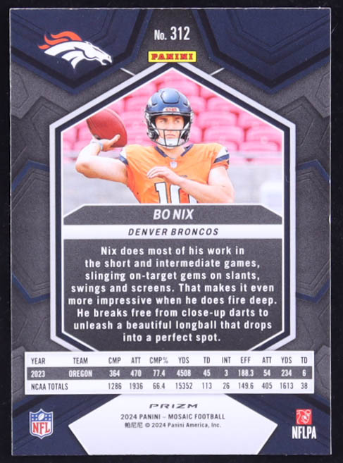 Bo Nix 2024 Panini Mosaic Mosaic Reactive Blue #312 RC at PristineAuction.com Bo Nix 2024 Panini Mosaic Mosaic Reactive Blue #312 RC at PristineAuction.com