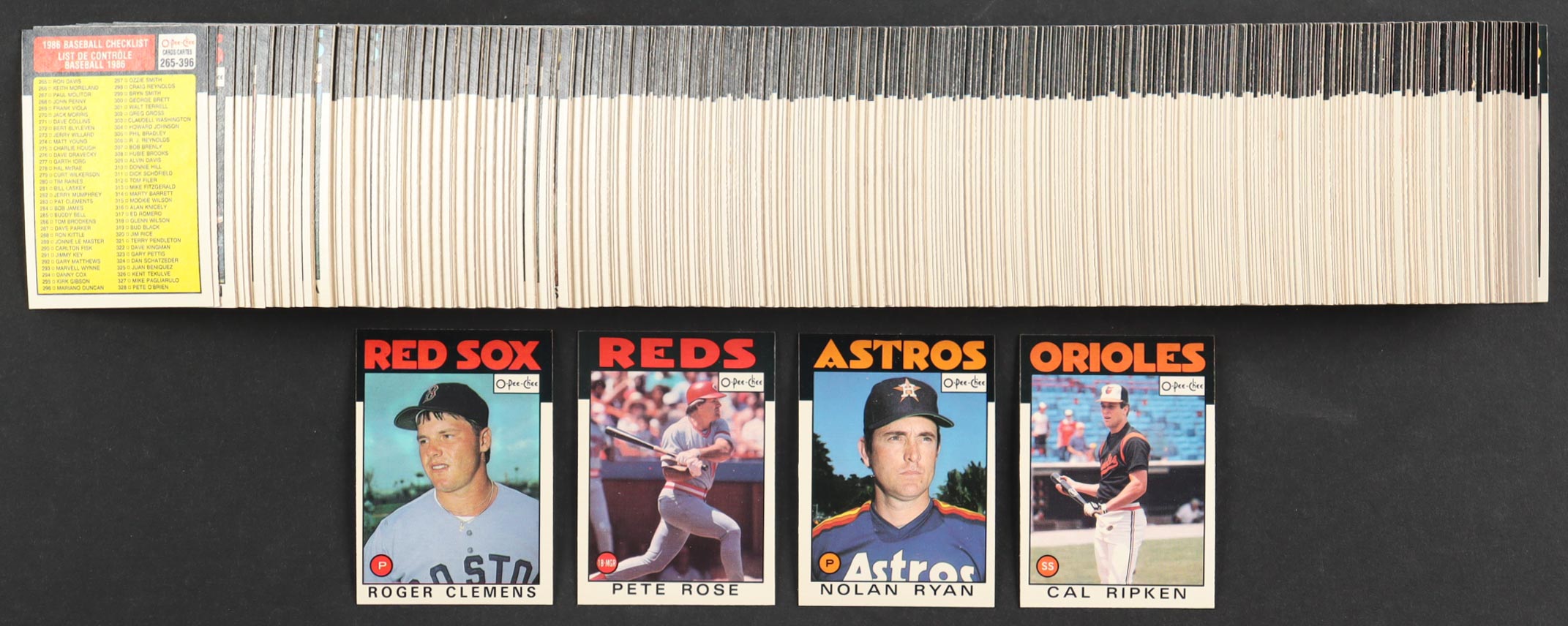 1986 O-Pee-Chee Complete Set of (396) Baseball Cards with Pete Rose #1, Nolan Ryan #100, Cal Ripken #340, Roger Clemens #98 at PristineAuction.com 1986 O-Pee-Chee Complete Set of (396) Baseball Cards with Pete Rose #1, Nolan Ryan #100, Cal Ripken #340, Roger Clemens #98 at PristineAuction.com