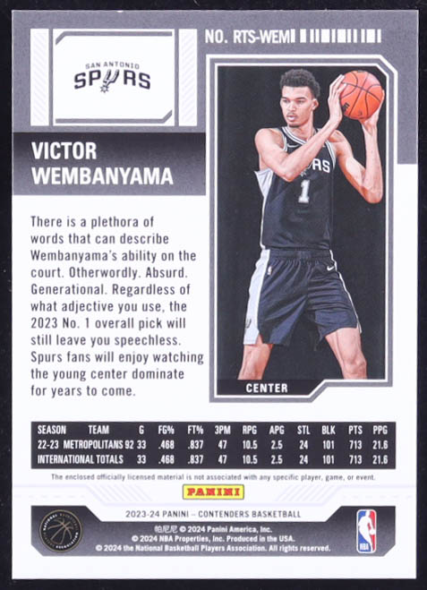 Victor Wembanyama 2023-24 Panini Contenders Rookie Ticket Swatches #RTSWEM RC at PristineAuction.com Victor Wembanyama 2023-24 Panini Contenders Rookie Ticket Swatches #RTSWEM RC at PristineAuction.com