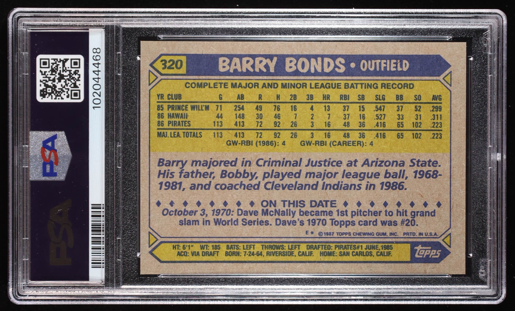 Barry Bonds 1987 Topps #320 RC (PSA 9) at PristineAuction.com Barry Bonds 1987 Topps #320 RC (PSA 9) at PristineAuction.com