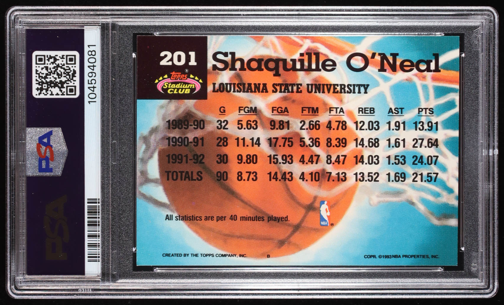Shaquille O'Neal 1992-93 Stadium Club #201 MC RC (PSA 9) at PristineAuction.com Shaquille O'Neal 1992-93 Stadium Club #201 MC RC (PSA 9) at PristineAuction.com