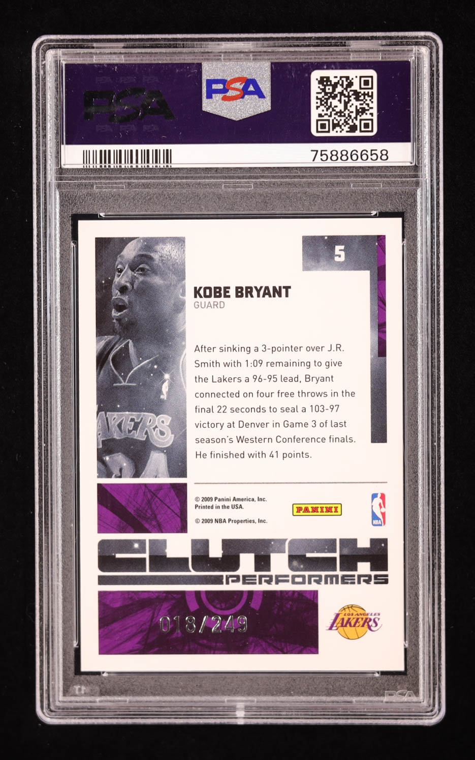 Kobe Bryant 2009-10 Donruss Elite Clutch Performers Red #5 #018/249 (PSA 10) at PristineAuction.com Kobe Bryant 2009-10 Donruss Elite Clutch Performers Red #5 #018/249 (PSA 10) at PristineAuction.com