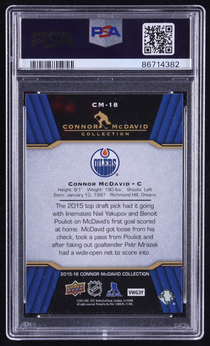 Connor McDavid 2015-16 Upper Deck Connor McDavid Collection #18 RC (PSA 10) at PristineAuction.com Connor McDavid 2015-16 Upper Deck Connor McDavid Collection #18 RC (PSA 10) at PristineAuction.com