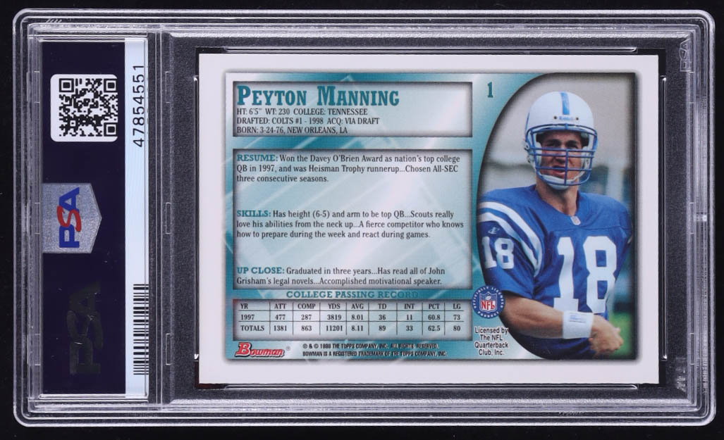 Peyton Manning 1998 Bowman #1 RC (PSA 9) at PristineAuction.com Peyton Manning 1998 Bowman #1 RC (PSA 9) at PristineAuction.com