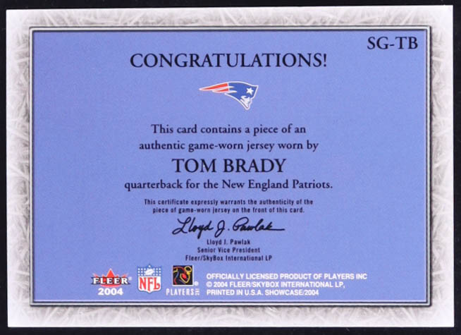 Tom Brady 2004 Fleer Showcase Grace Game Used #SGTB at PristineAuction.com Tom Brady 2004 Fleer Showcase Grace Game Used #SGTB at PristineAuction.com