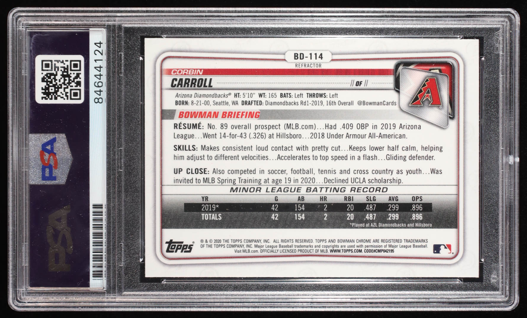 Corbin Carroll Signed 2020 Bowman Chrome Draft Refractors #BD114 RC (PSA) at PristineAuction.com Corbin Carroll Signed 2020 Bowman Chrome Draft Refractors #BD114 RC (PSA) at PristineAuction.com