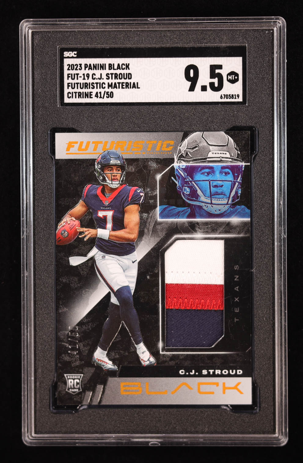 CJ Stroud 2023 Panini Black Futuristic Jerseys Citrine #19 RC #41/50 (SGC 9.5) at PristineAuction.com CJ Stroud 2023 Panini Black Futuristic Jerseys Citrine #19 RC #41/50 (SGC 9.5) at PristineAuction.com