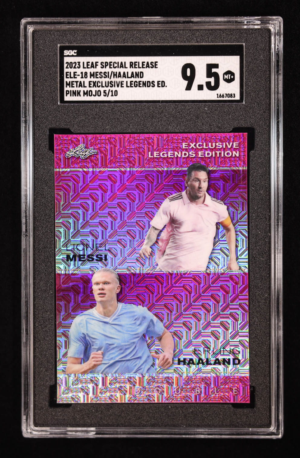 Lionel Messi / Erling Haaland 2023 Leaf Metal Special Release Exclusive Legends Edition Mojo Pink #ELE18 #5/10 (SGC 9.5) at PristineAuction.com Lionel Messi / Erling Haaland 2023 Leaf Metal Special Release Exclusive Legends Edition Mojo Pink #ELE18 #5/10 (SGC 9.5) at PristineAuction.com