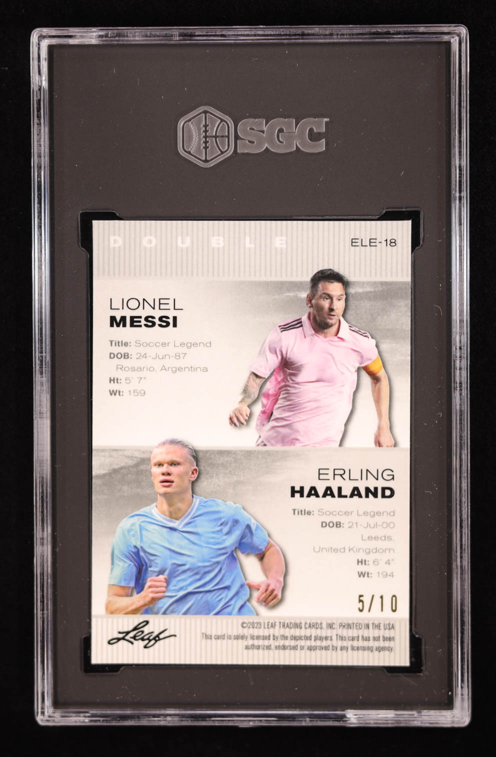 Lionel Messi / Erling Haaland 2023 Leaf Metal Special Release Exclusive Legends Edition Mojo Pink #ELE18 #5/10 (SGC 9.5) at PristineAuction.com Lionel Messi / Erling Haaland 2023 Leaf Metal Special Release Exclusive Legends Edition Mojo Pink #ELE18 #5/10 (SGC 9.5) at PristineAuction.com