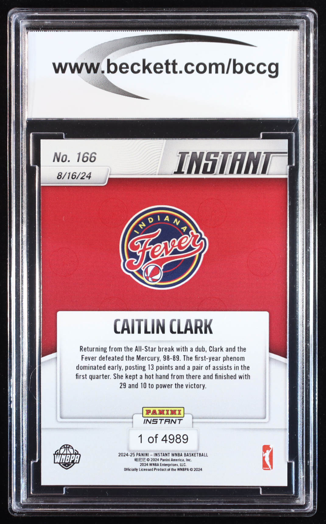 Caitlin Clark 2024 Panini Instant WNBA #166 RC (BCCG 10) at PristineAuction.com Caitlin Clark 2024 Panini Instant WNBA #166 RC (BCCG 10) at PristineAuction.com