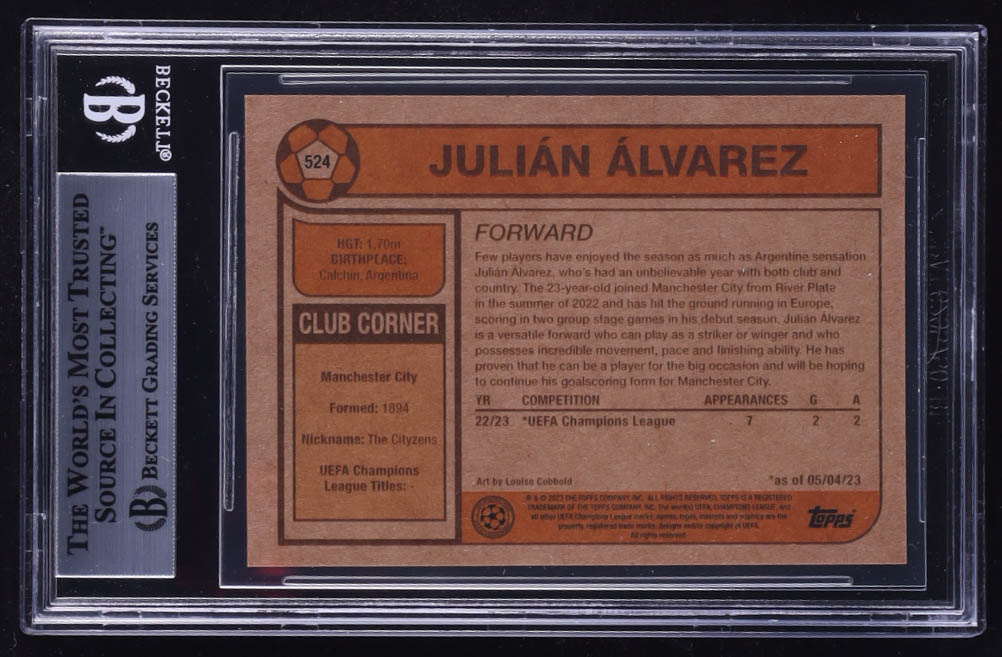 Julian Alvarez Signed 2023 Topps Living UEFA Club Competitions #524 RC (BGS) at PristineAuction.com Julian Alvarez Signed 2023 Topps Living UEFA Club Competitions #524 RC (BGS) at PristineAuction.com