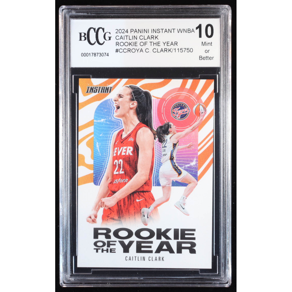 Caitlin Clark 2024 Panini Instant WNBA Caitlin Clark Rookie of the Year #CCROYA RC (BCCG 10) at PristineAuction.com Caitlin Clark 2024 Panini Instant WNBA Caitlin Clark Rookie of the Year #CCROYA RC (BCCG 10) at PristineAuction.com